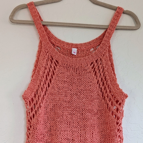 Linen Wool Blend Coral Crochet Fringe Tank Tunic Swim Cover Boho Festival Resort - Picture 5 of 10